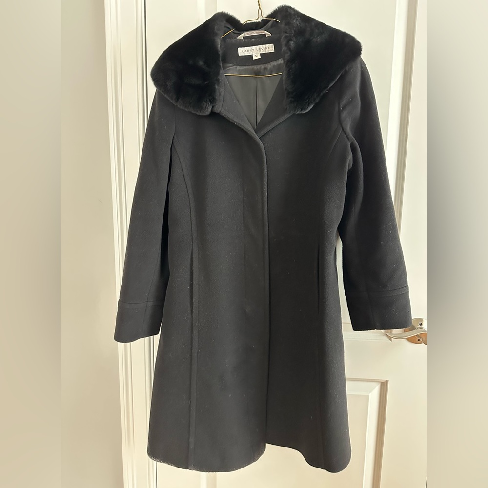 Larry Levine Wool Cashmere Vintage Fur Trim Black  Women’s 12 Winter Coat  RARE!